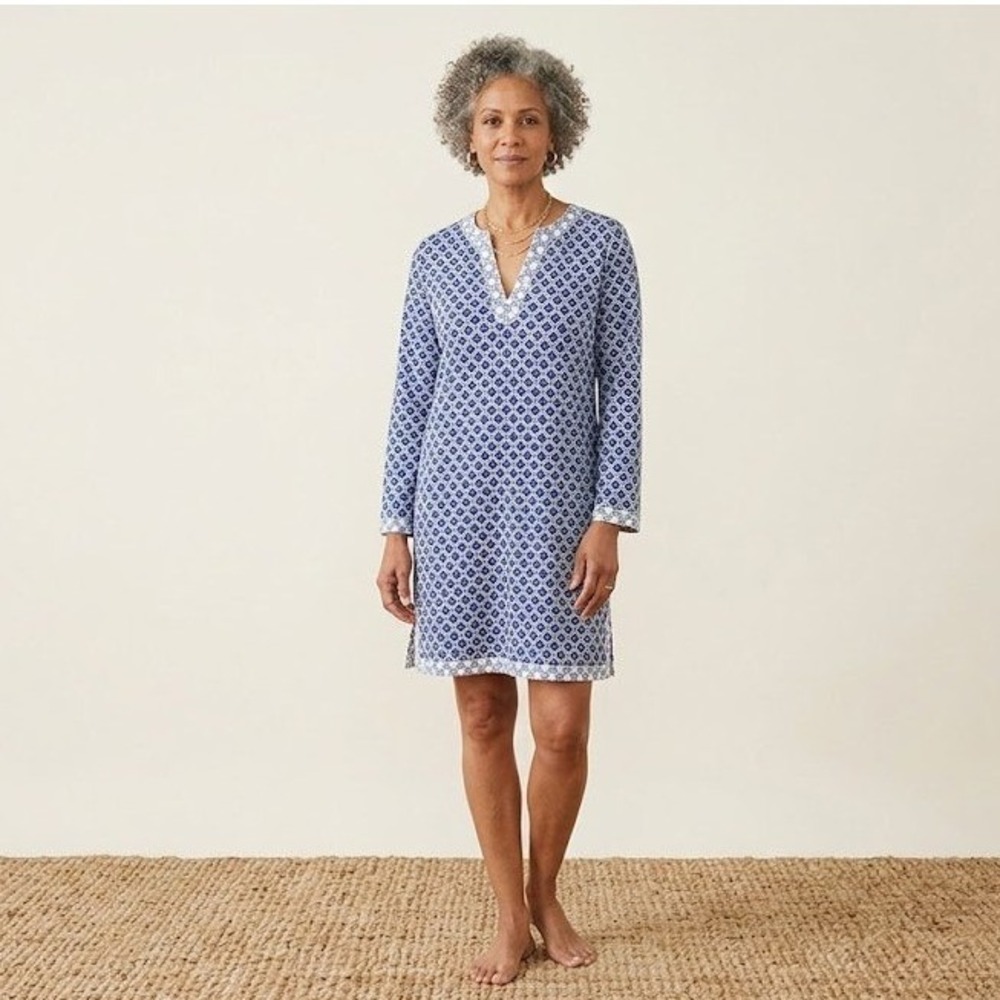Aqua et Sol Tunic Dress Women L Navy White Geometric Split Neck Resortwear